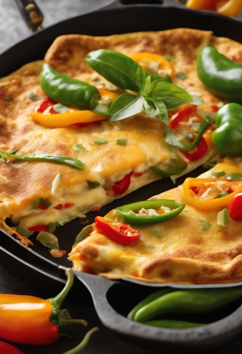 A close-up shot of a mouthwatering omelette filled with colorful peppers and cheese, with an Nvidia GPU creatively integrated into the presentation,original,Jensen Huang, Male