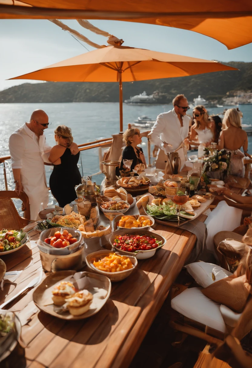 A luxurious brunch spread on the deck of the yacht, with a live salsa band performing,original,Jeff bezos , male