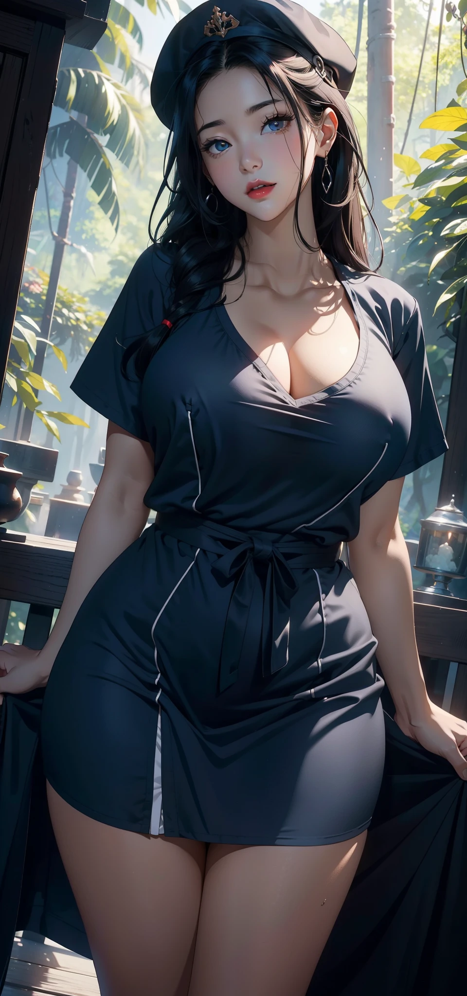 1female，A MILF，熟妇，plumw，Bigchest，big breasts thin waist，long leges， photo exposure， 独奏，（Background with：at a forest，the rainforest，in summer） She has long black hair，Redlip，Stood up，seen from the front， bobo head，hair straight， The sky is mostly cloudy，（（（tmasterpiece），（Very detailed CG unified 8k wallpaper），Best quality at best，电影灯光，detailed back ground，beautidful eyes，Bright pupils，（very delicate beautiful），（Beautiful and detailed eye descriptions），ultra - detailed，tmasterpiece，）），facing at the camera，A high resolution，ultra - detailed），revealing breasts，Bare genitals， a little bit chubby，overmany，Camel toes，Raised sexy，nurses（dressed in：nurse hat，Dark blue nurse uniform，nakeness）