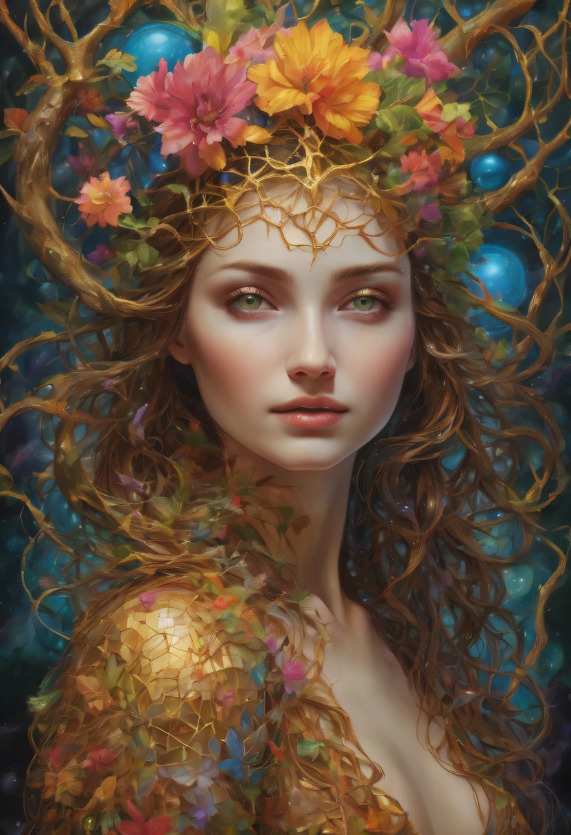 Plant Maiden，Vine Princess，Witch of Thorns，Beautiful line art photo，Use gold strokes and rainbow paint，Golden Maiden，the golden ratio，Melted wax，Visible brush strokes，surrounded by crystal spheres，3D Mosaic Wireframe，neuroimaging，neurons，The Tree of Life，colours，California，intense emotion，oil on the canvas，Thick strokes，insanely details，8k ultra high definition，tmasterpiece，art  stations，ultra-realistic realism，