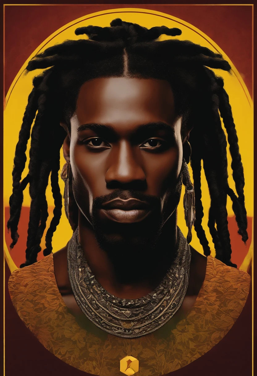 Create a logo with the head of a black man with dreadlocks in black colors, verde, amarelo e vermelho (olhando para a frente) , imagem estilo logomarca , Sober, (fundo preto), Image with resolution of at least 300dpi, UHD 8k, Very high quality for excellent printing. Lighting that highlights the figure in relation to the background, cores do reggae, Estilo da camada de disco