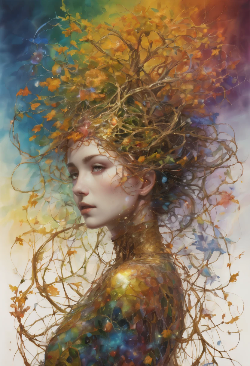 Plant Maiden，Vine Princess，Witch of Thorns，Beautiful line art photo，Use gold strokes and rainbow paint，Golden Maiden，the golden ratio，Melted wax，Visible brush strokes，surrounded by crystal spheres，3D Mosaic Wireframe，neuroimaging，neurons，The Tree of Life，colours，California，intense emotion，oil on the canvas，Thick strokes，insanely details，8k ultra high definition，tmasterpiece，art  stations，ultra-realistic realism，