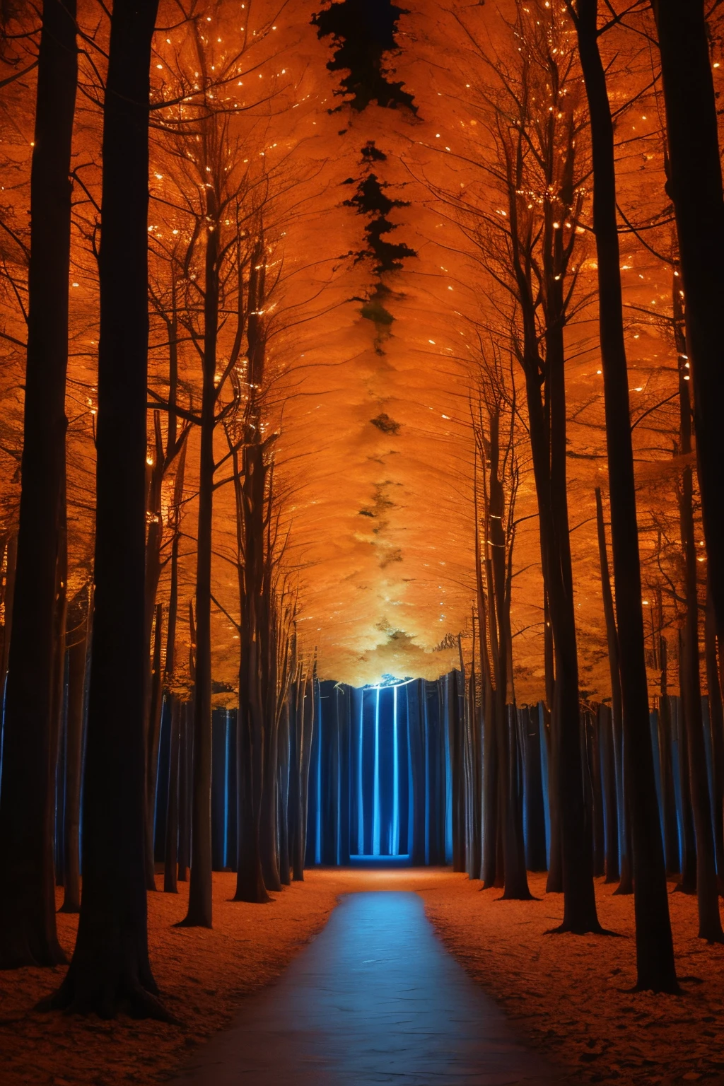 Vista arafeada de un camino en un bosque con una luz brillante., Bosque resplandeciente, Bosque surrealista, maderas luminismo, A forest of burning trees, en un bosque fractal, Un bosque en llamas, Escena del bosque del ciberespacio, lothlorien por la noche, Bosque por la noche, en un bosque por la noche, Bosque fractal, Bosque digital, Blue and orange lighting