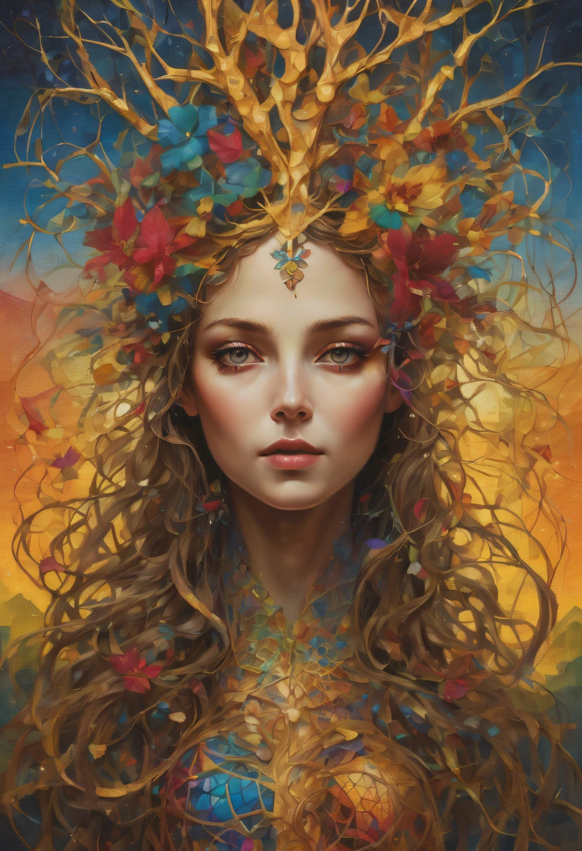 Plant Maiden,Vine Princess,Witch of Thorns,Beautiful line art photo,Use gold strokes and rainbow paint,Golden Maiden,the golden ratio,Melted wax,Visible brush strokes,surrounded by crystal spheres,3D Mosaic Wireframe,neuroimaging,neurons,The Tree of Life,colours,California,intense emotion,oil on the canvas,Thick strokes,insanely details,8k ultra high definition,tmasterpiece,art stations,ultra-realistic realism,
