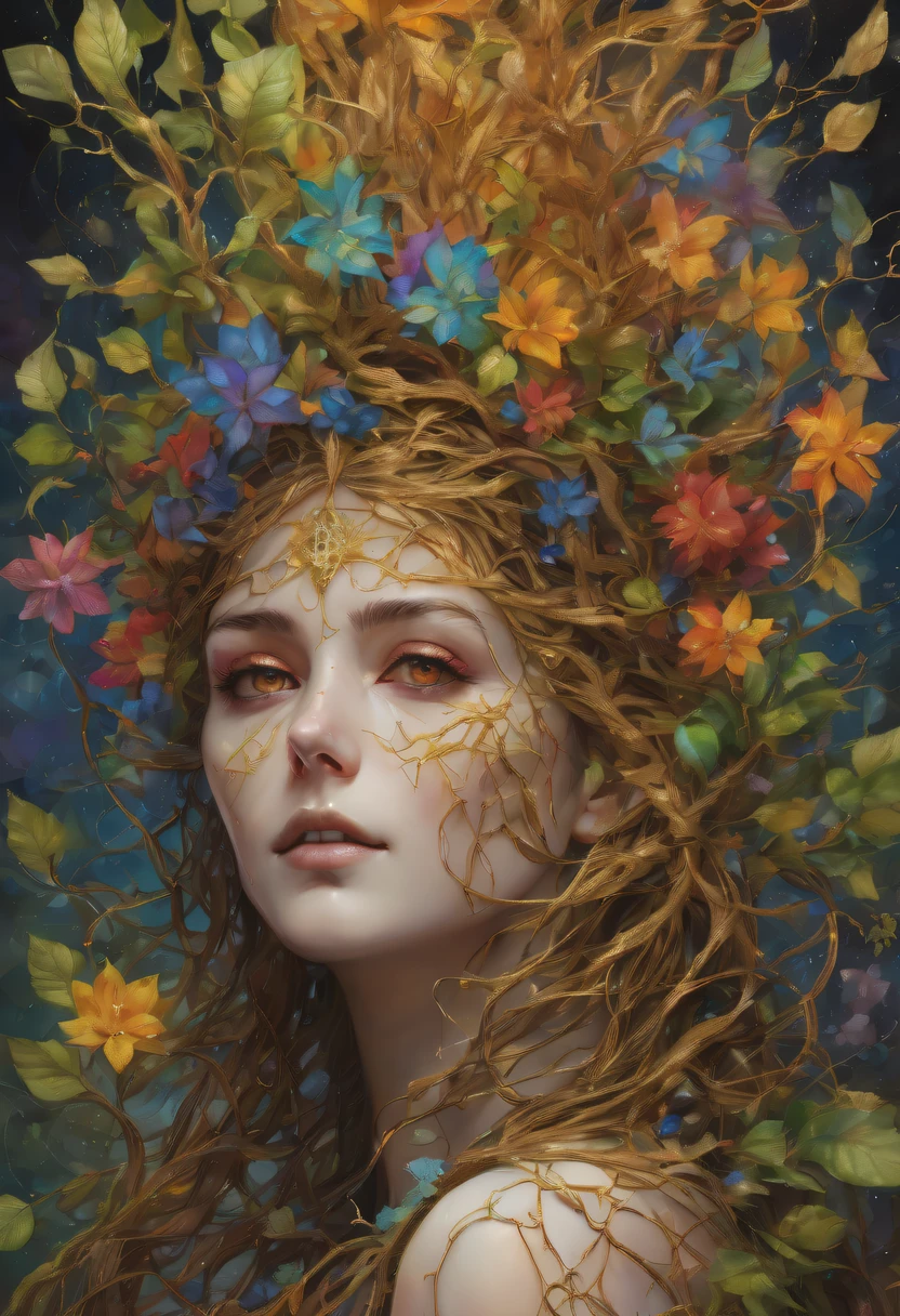 Plant Maiden,Vine Princess,Witch of Thorns,Beautiful line art photo,Use gold strokes and rainbow paint,Golden Maiden,the golden ratio,Melted wax,Visible brush strokes,surrounded by crystal spheres,3D Mosaic Wireframe,neuroimaging,neurons,The Tree of Life,colours,California,intense emotion,oil on the canvas,Thick strokes,insanely details,8k ultra high definition,tmasterpiece,art stations,ultra-realistic realism,plant witch,Vine Queen,Witch of Thorns