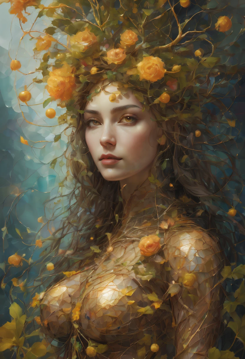 Plant Maiden,Vine Princess,Witch of Thorns,Beautiful line art photo,Use gold strokes and rainbow paint,Golden Maiden,the golden ratio,Melted wax,Visible brush strokes,surrounded by crystal spheres,3D Mosaic Wireframe,neuroimaging,neurons,The Tree of Life,colours,California,intense emotion,oil on the canvas,Thick strokes,insanely details,8k ultra high definition,tmasterpiece,art stations,ultra-realistic realism,plant witch,Vine Queen,Witch of Thorns