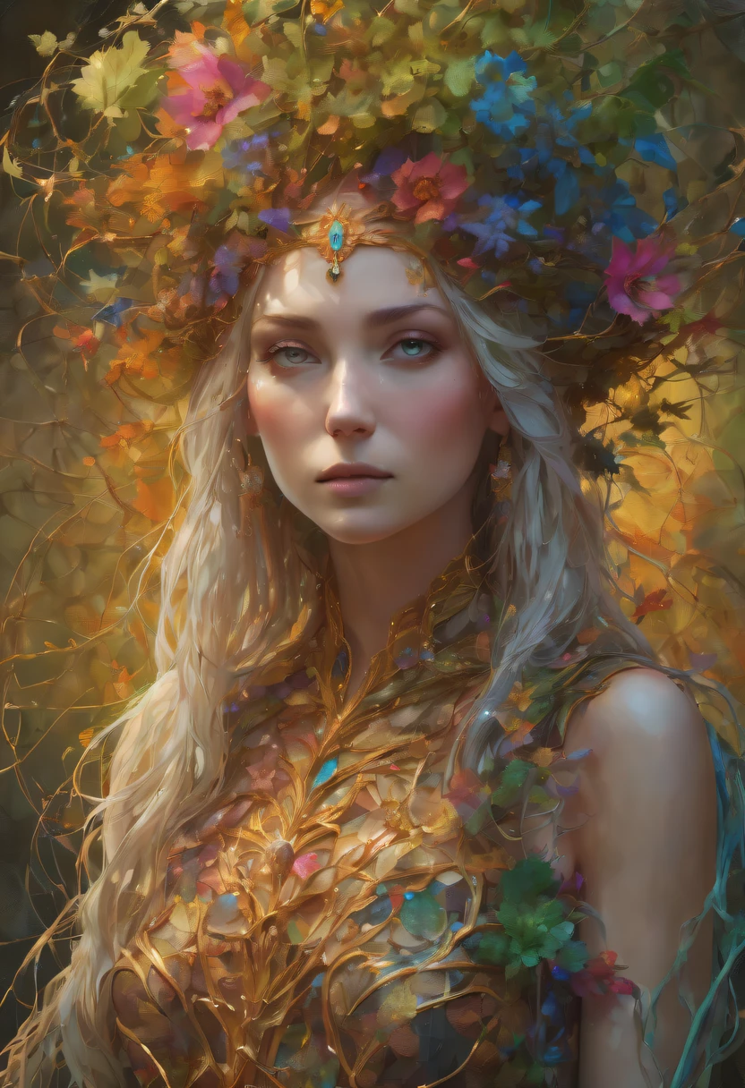 Beautiful line art photo，Use gold strokes and rainbow paint，Golden Maiden，the golden ratio，Melted wax，Visible brush strokes，surrounded by crystal spheres，3D Mosaic Wireframe，neuroimaging，neurons，The Tree of Life，colours，California，intense emotion，oil on the canvas，Thick strokes，insanely details，8k ultra high definition，tmasterpiece，art  stations，ultra-realistic realism，plant witch，Vine Queen，Witch of Thorns