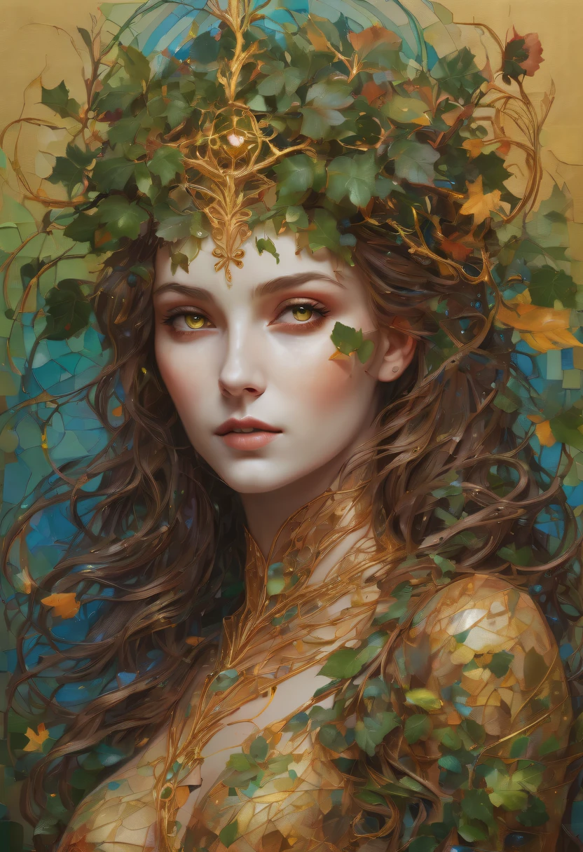 Beautiful line art photo，Use gold strokes and rainbow paint，Golden Maiden，the golden ratio，Melted wax，Visible brush strokes，surrounded by crystal spheres，3D Mosaic Wireframe，neuroimaging，neurons，The Tree of Life，colours，California，intense emotion，oil on the canvas，Thick strokes，insanely details，8k ultra high definition，tmasterpiece，art  stations，ultra-realistic realism，plant witch，Vine Queen，Witch of Thorns