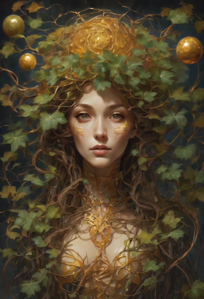 Plant Maiden,Vine Princess,Witch of Thorns,Beautiful line art photo,Use gold strokes and rainbow paint,Golden Maiden,the golden ratio,Melted wax,Visible brush strokes,surrounded by crystal spheres,3D Mosaic Wireframe,neuroimaging,neurons,The Tree of Life,colours,California,intense emotion,oil on the canvas,Thick strokes,insanely details,8k ultra high definition,tmasterpiece,art stations,ultra-realistic realism,plant witch,Vine Queen,Witch of Thorns