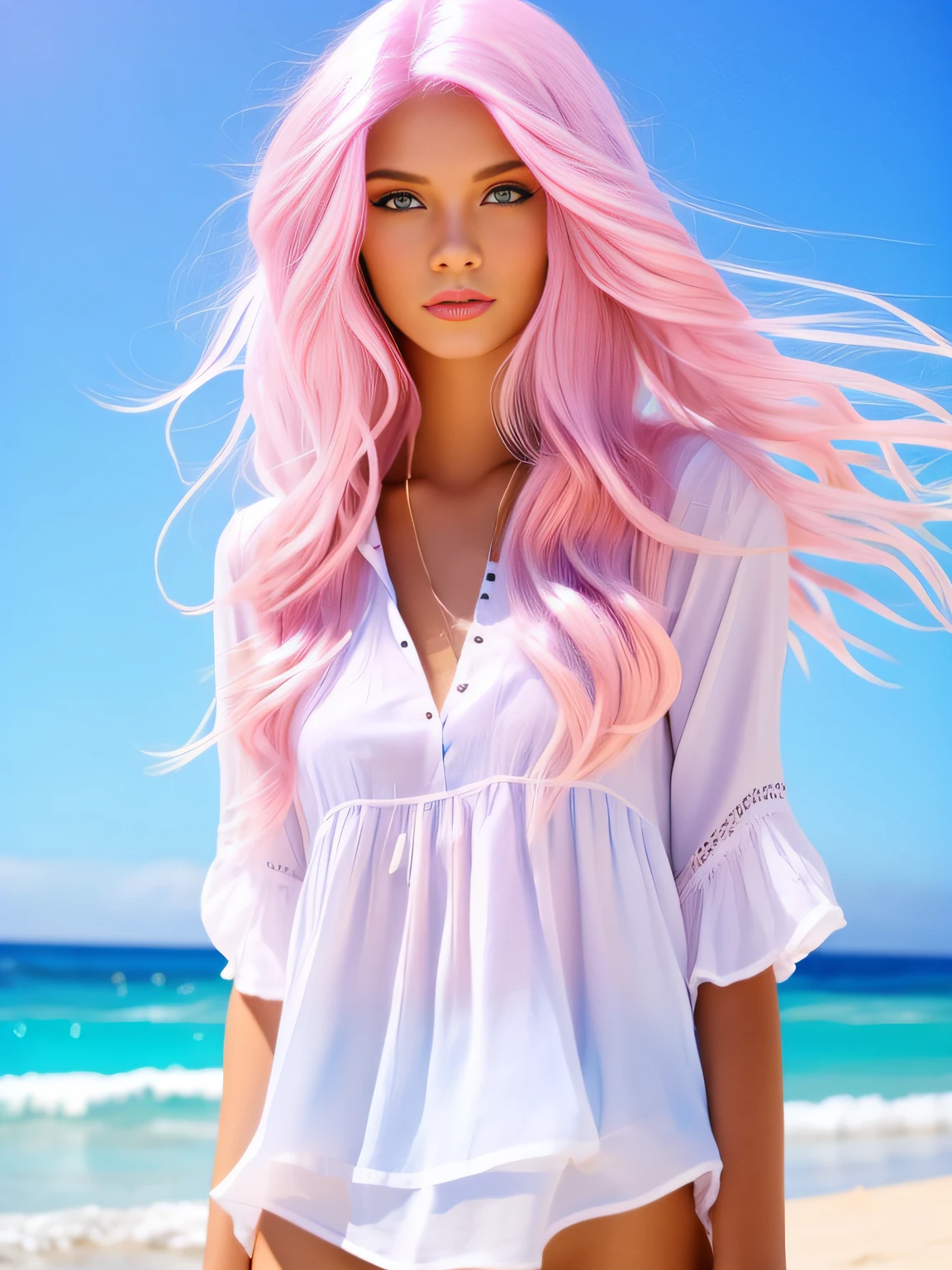 modelo de 18 anos, ela tem longos cabelos rosa claro, olhos azuis, she is wearing a white blouse and light pink top on the beach in the beautiful blue sea.