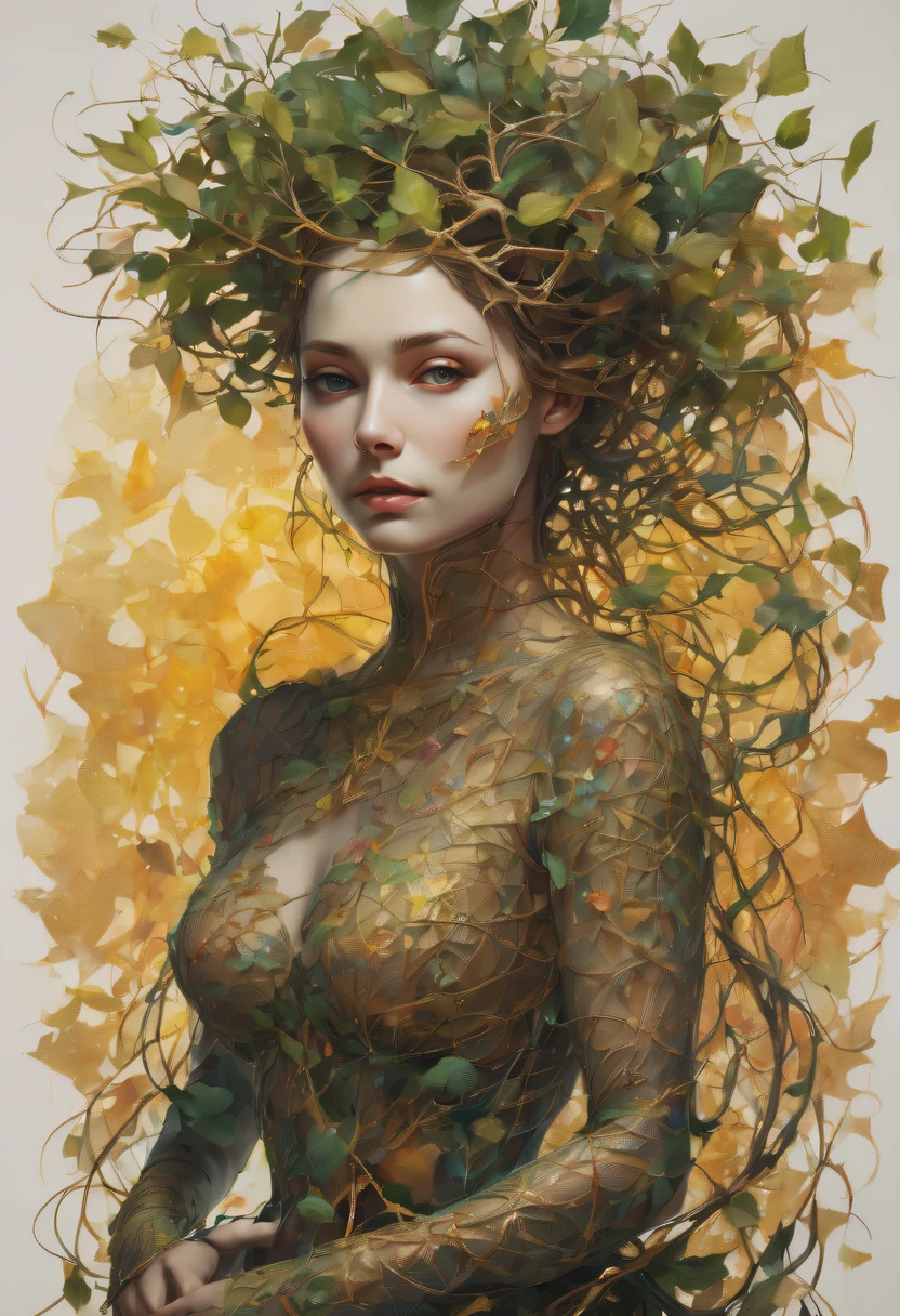 Plant Maiden，Vine Princess，Witch of Thorns，Beautiful line art photo，Use gold strokes and rainbow paint，Golden Maiden，the golden ratio，Melted wax，Visible brush strokes，surrounded by crystal spheres，3D Mosaic Wireframe，neuroimaging，neurons，The Tree of Life，colours，California，intense emotion，oil on the canvas，Thick strokes，insanely details，8k ultra high definition，tmasterpiece，art  stations，ultra-realistic realism，plant witch，Vine Queen，Witch of Thorns