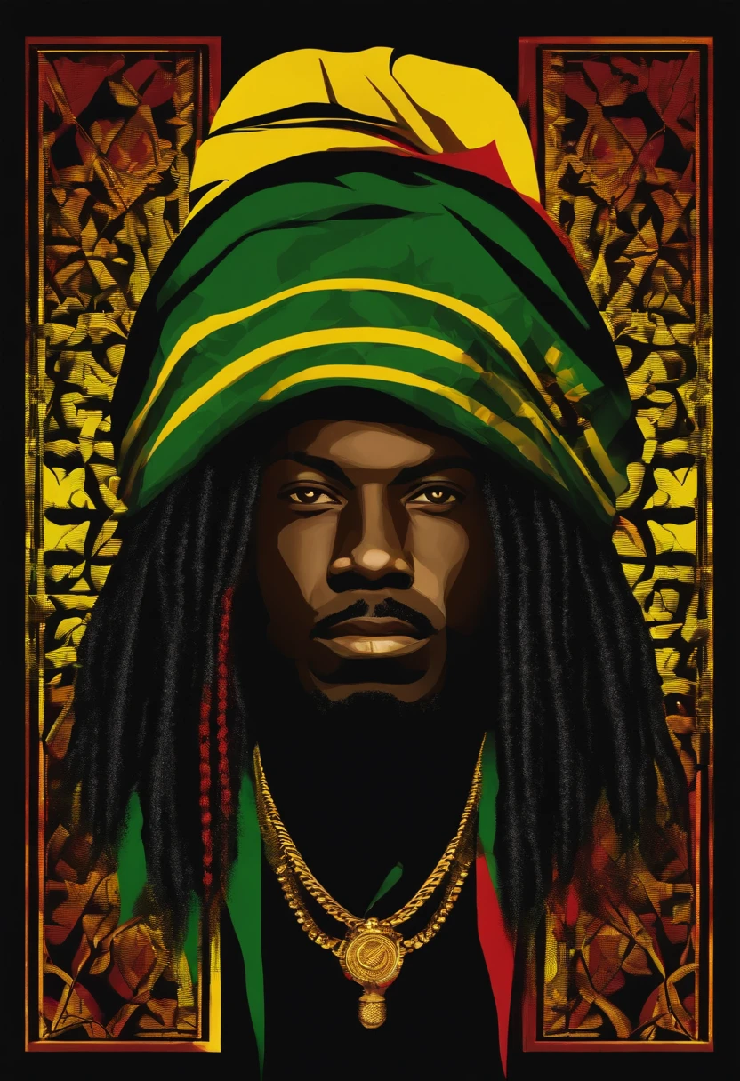 Create a logo with the head of a black man with dreadlocks in black colors, verde, amarelo e vermelho (olhando para a frente) , imagem estilo logomarca , Sober, (fundo preto), Image with resolution of at least 300dpi, UHD 8k, Very high quality for excellent printing. Lighting that highlights the figure in relation to the background, cores do reggae, Estilo da camada de disco