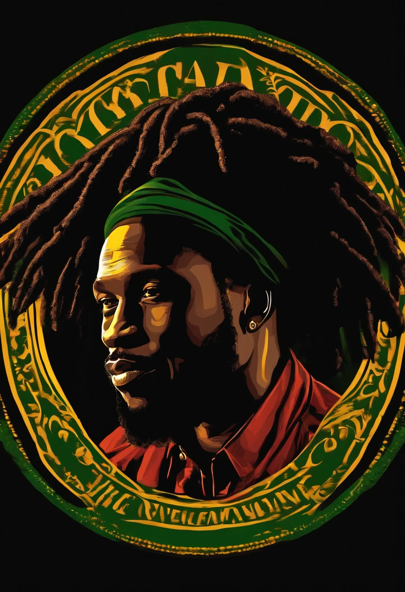 Create a logo with the head of a black man with dreadlocks in black colors, verde, amarelo e vermelho (olhando para a frente) , imagem estilo logomarca , Sober, (fundo preto), Image with resolution of at least 300dpi, UHD 8k, Very high quality for excellent printing. Lighting that highlights the figure in relation to the background, cores do reggae, Estilo da camada de disco