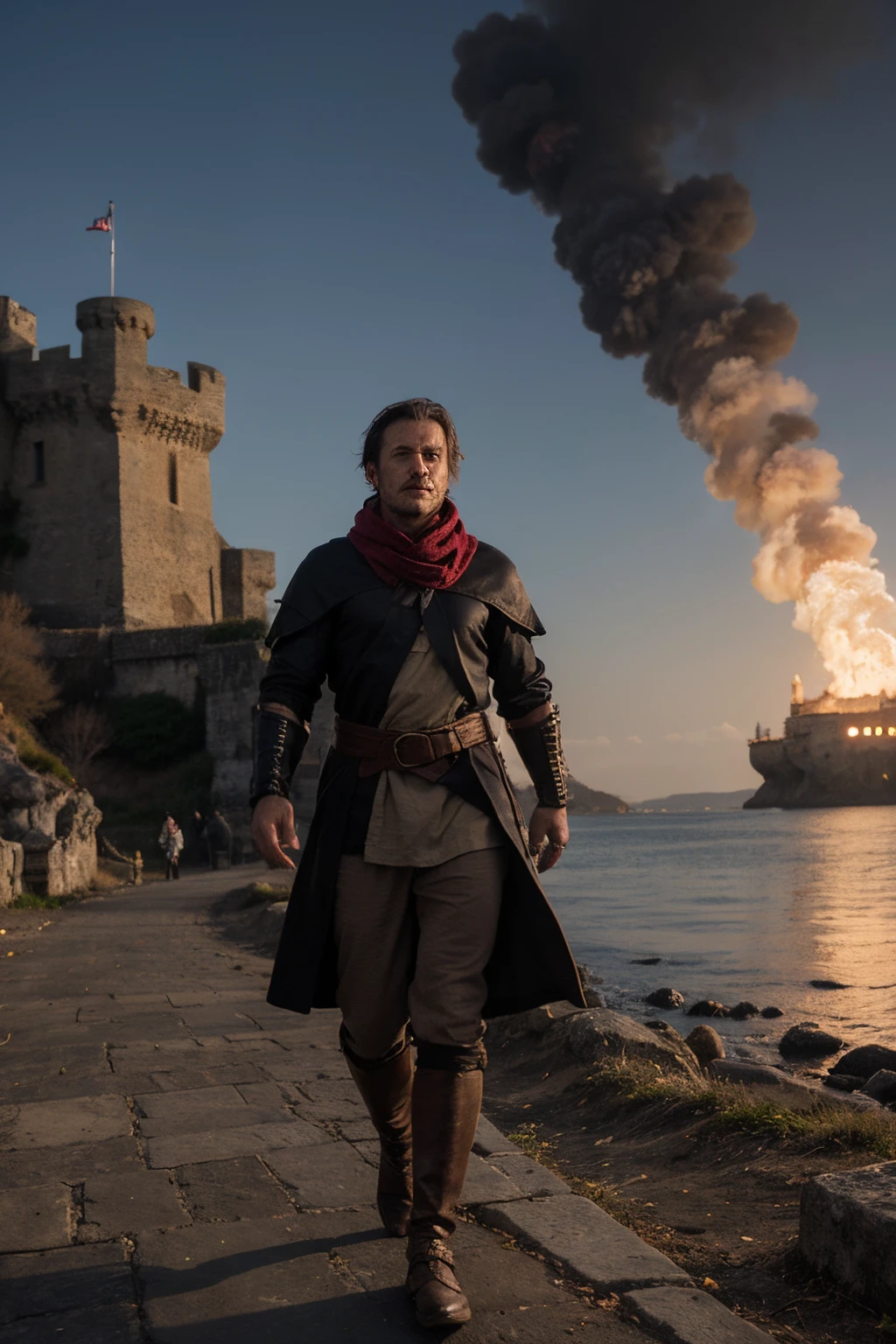 (imagem com um clima sombrio e misterioso) (um homem de capuz com roupas medievais de costas) ao fundo um Castelo pegando fogo