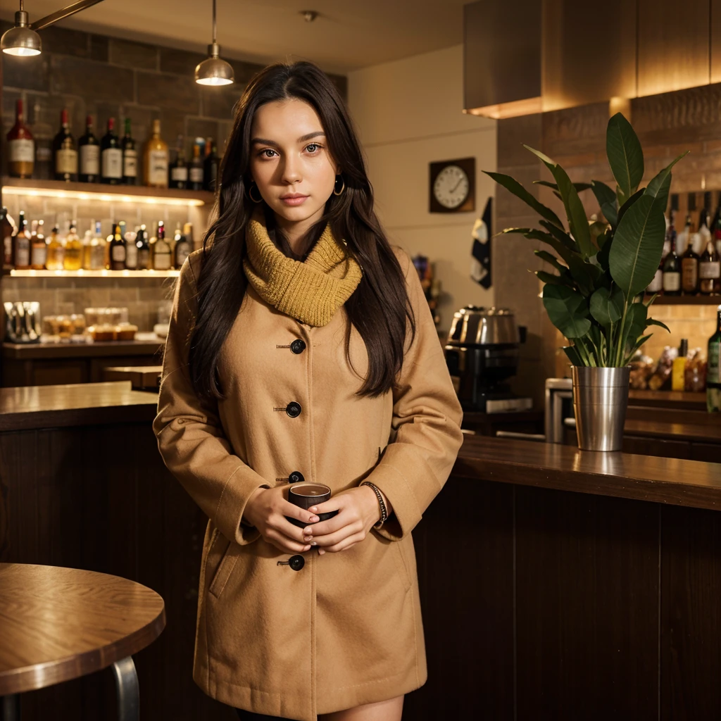 (one girl), Hanna, a 21 year old girl, 1.70 meters tall, weighs 49 kg, has very long and straight dark purple hair, has big green eyes, wears gold earrings and bracelets, always has a smartwatch on the wrist, dresses a winter coat with a red wool scarf, standing drinking a coffee in front of a bar, in the evening illuminated by the city lights, ultra realistic style, (seed 3978045937)