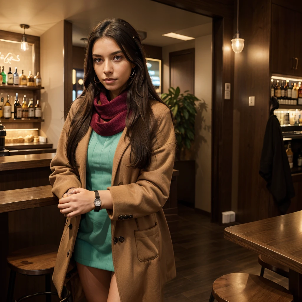 Young woman of 24 years, sitting at a table in a bar reading a newspaper, with a serious face, vivid real black eyes, short black hair, with a burgundy blazer with buttons, realistic hands with tattoo on the right arm, is leaning on a mahogany bar table, background image of a modern British bar,  with a few beater bottles on the table, photorealistic, 12k, ultra realistic photo, real colors, vivid colors, high definition picture