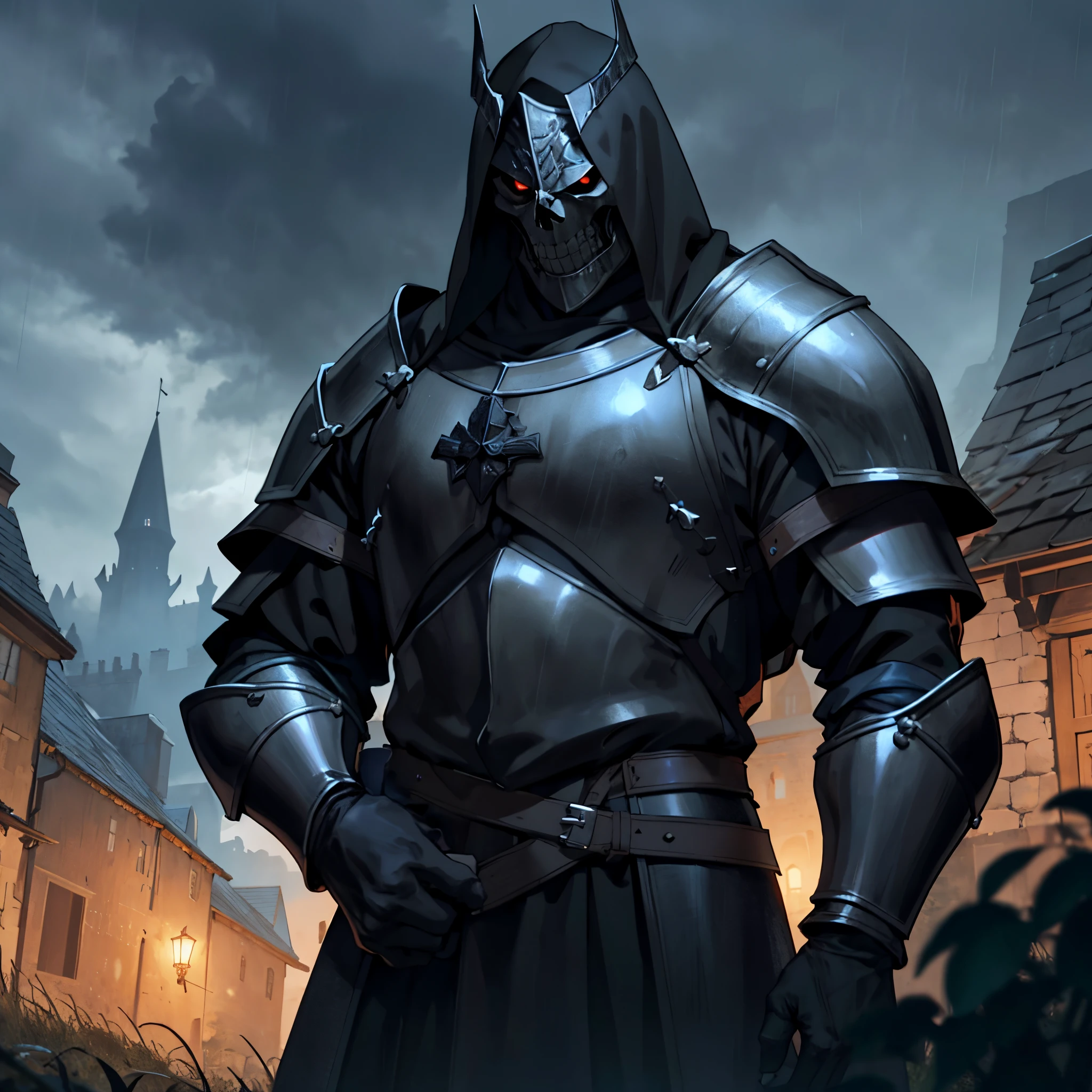 masterpiece, Best Quality, person upper body, detailed, 4k, Cinematics, Background with: Inside the illuminated medieval village in front of the medieval castle on a rainy night, dark clouds, thunderstorm, Very tall black knight wearing black steel armor and skull mask.