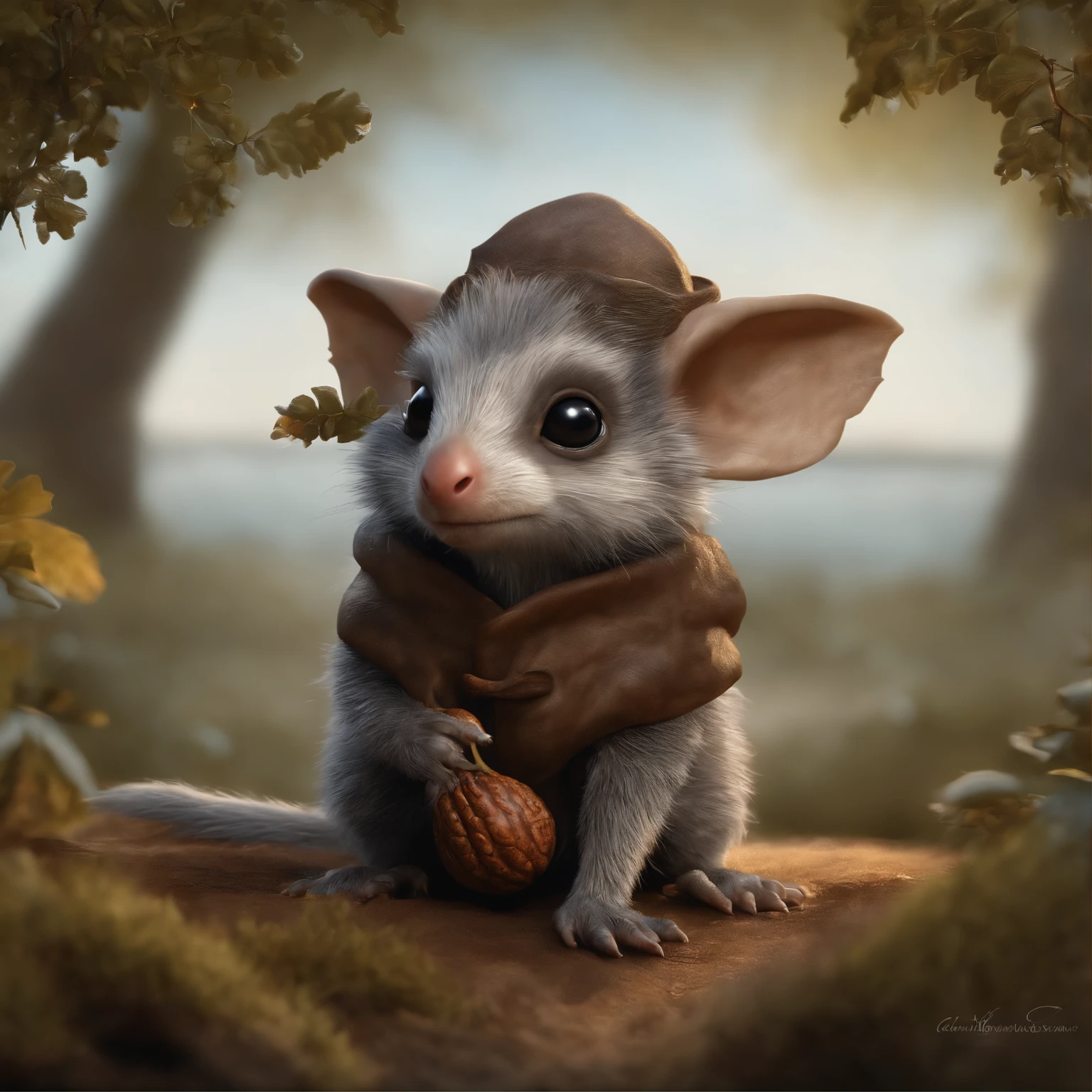 gremlin, mole-like, bright silver and brown, short tail, large ears, covered with silver fur, water, turning his back standing on the shore, Best Quality, Masterpiece, in style of dark fantasy art, gremlin, mole-like, holding a huge acorn in his paws, bright silver and brown, long tail, elongated nose,, huge ears, covered with silver fur,tousled, five toes on each paw, holding a huge acorn in his paws, I'm standing in a forest clearing under the foliage of bast., acorns lie in the clearing, acorns glow, Crickets fly, Best Quality, Masterpiece, in style of dark fantasy art, fantasy-inspired, in the style of John Tolkien, (CBZBB:1.25), ((gremlin),Zhkute, Small, baby, Beautiful, Fantasy art, deviant art, trending artstation, Digital Art, Detailed, Realistic, humanoid, character, tiny, Cinematic shot, cinematic portrait of a mole