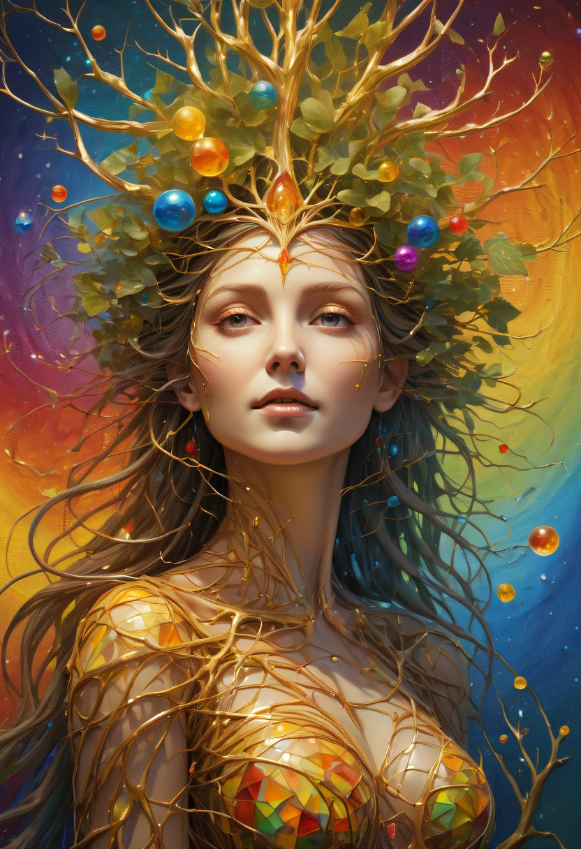 Beautiful line art photo，Use gold strokes and rainbow paint，Golden Maiden，the golden ratio，Melted wax，Visible brush strokes，surrounded by crystal spheres，3D Mosaic Wireframe，neuroimaging，neurons，The Tree of Life，colours，California，intense emotion，oil on the canvas，Thick strokes，insanely details，8k ultra high definition，tmasterpiece，art  stations，ultra-realistic realism，plant witch，Vine Queen，Witch of Thorns
