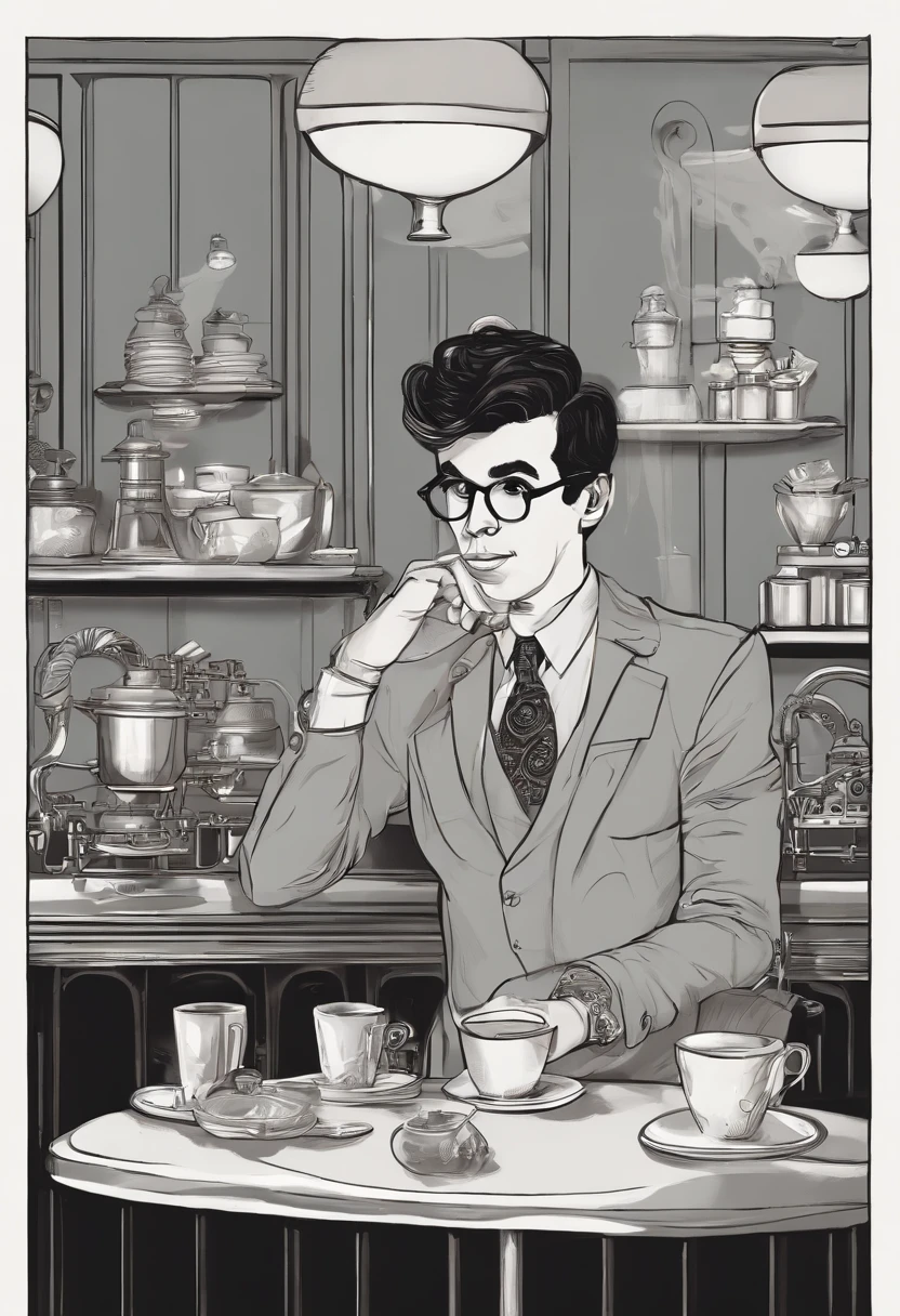 A photo of a vintage, retro coffee shop with a unique steampunk theme,Nathan for You,In “Nathan for You,” Nathan Fielder portrays a character of the same name, marked by his plain, somewhat awkward appearance: often seen in a grey suit and tie, with his hair neatly combed and a pair of unremarkable glasses. This understated look complements his on-screen persona, which is characterized by a deadpan expression and a consistently serious demeanor, regardless of the comedic absurdity unfolding around him., male
