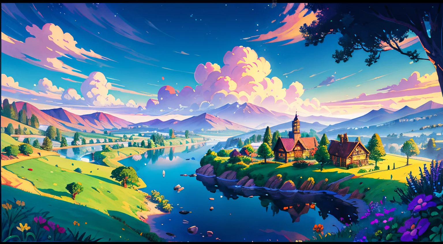 Develop a charming design inspired by the universe of Stardew Valley, focusing on several purple stars. These stars should have a unique and captivating appearance, representing the magic and enchanting atmosphere of the game. The strokes and style of the drawing should resemble the charming pixelated look of Stardew Valley, ensuring that the design is true to the aesthetic of the game,Remember that the goal is to create a magical and attractive illustration that conveys the cozy and wonderful atmosphere of Stardew Valley, highlighting the purple stars as central elements of the design, (rim lighting), warm tones, sun reflection, soft shadows, vibrant colors, pictorial effect, dreamy atmosphere BREAK scenic lake, distant mountains, willow, calm water, reflection, sunlit clouds, tranquil environment, idyllic sunset, ultra detailed, official art, 8k unit wallpaper, zentangle, mandala