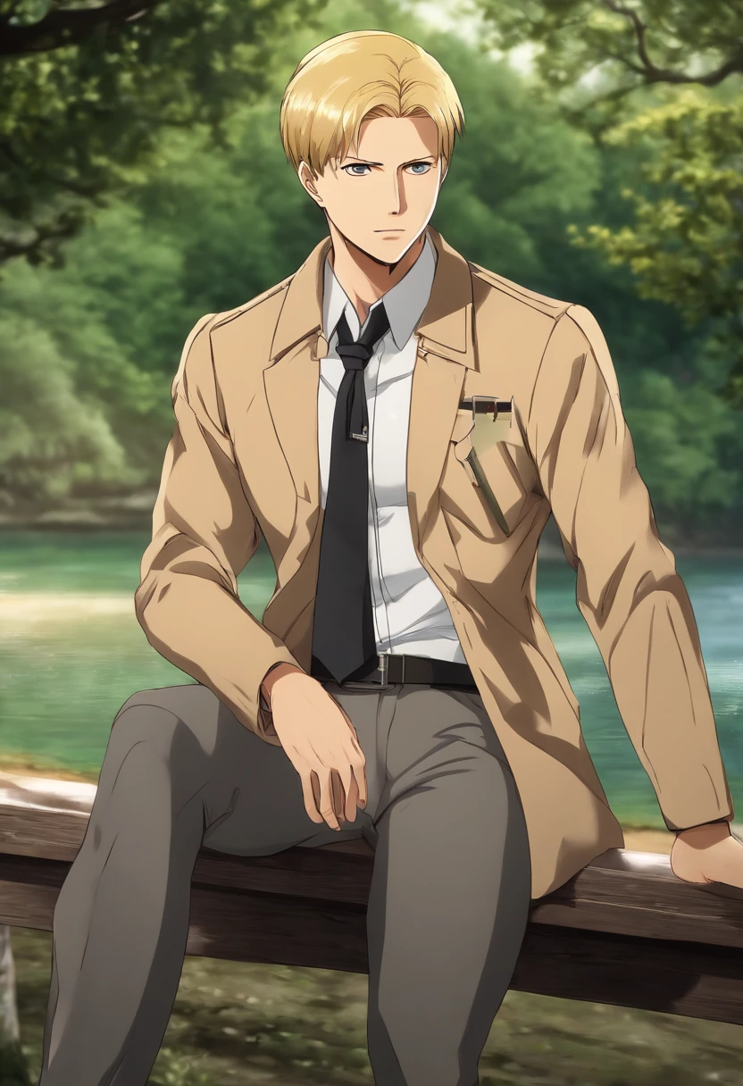 A photo of Reiner sitting on a park bench, looking out at a serene lake with a pained expression on his face.,Attack on Titan,Reiner Braun is tall, buff, with very short blonde hair and a very short stubble goatee, small amber eyes, thin eyebrows, very masculine features. Wears a long beige coat, white dress shirt, black tie, and a red armband with a white nine-pointed star on it. (Reiner Braun from Attack on Titan), male