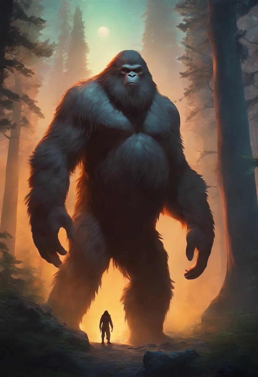 ((top-quality, 8K, tmasterpiece: 1.3)) Turnaround bigfoot, realistic, in the woods standing 10 ft tall, hairy, masterful lighting though the trees. monstrous, menacing, fear, threat