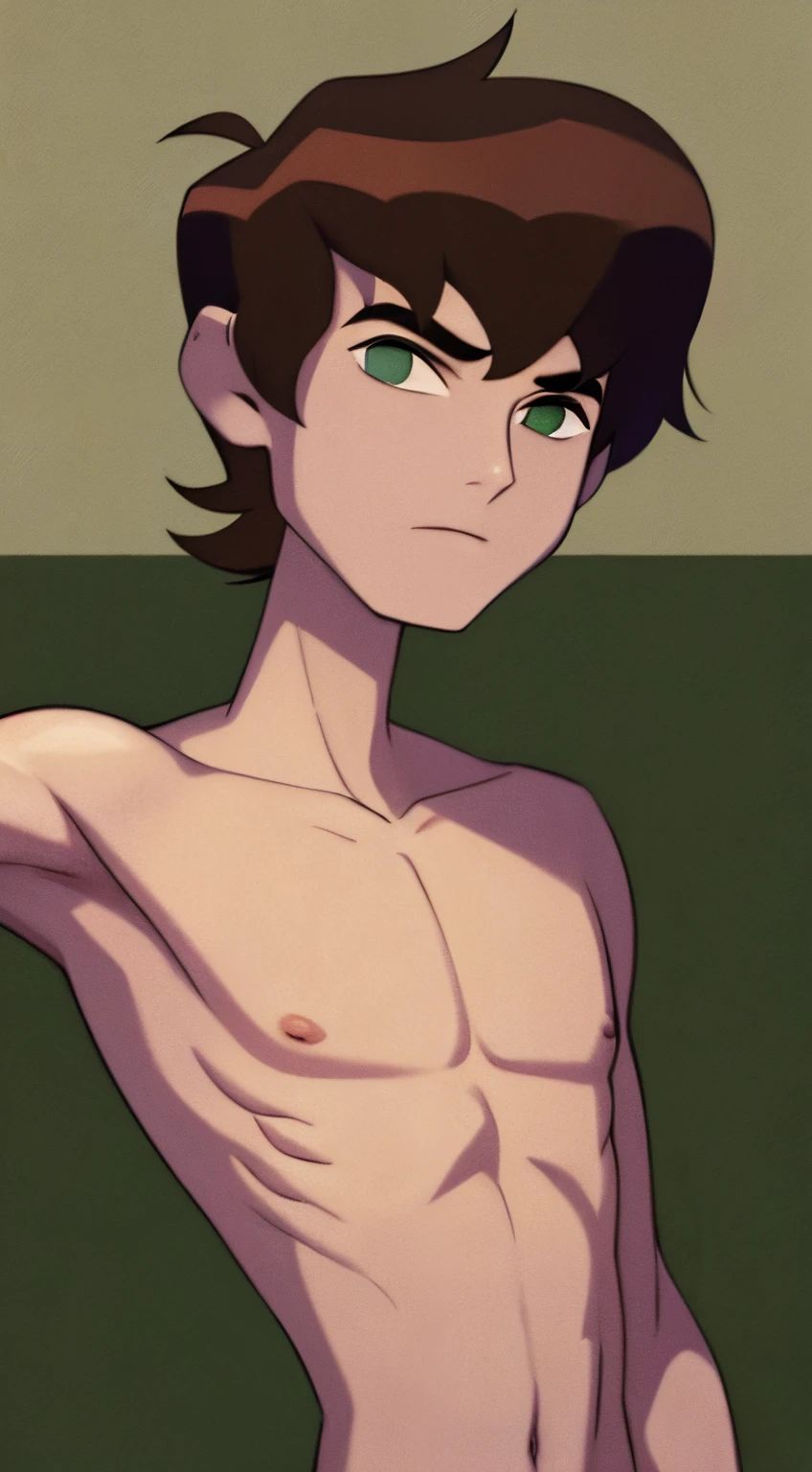 Highres, Masterpiece, Best quality at best,Best Quality,hight quality, hight detailed, 1boy, bentennyson, green eyes, -yeld, s body, (showing armpit:1.3), (shirtless, topless, bare chest), without cloth, upper body, the day