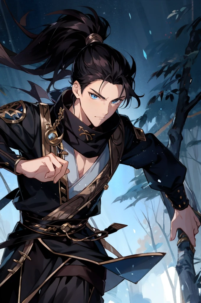 Anime boy with black hair and black clothes,Long gray hair，high ponytails，gilgamesh, grand order of destiny, style anime, Like fate/spend the night with, destiny / spend the night with, Portrait of a magical blond prince, handsome anime pose, Fate still stays at night, joseph joestar, male anime characters, Produced by Anime Painter Studio, 8K!