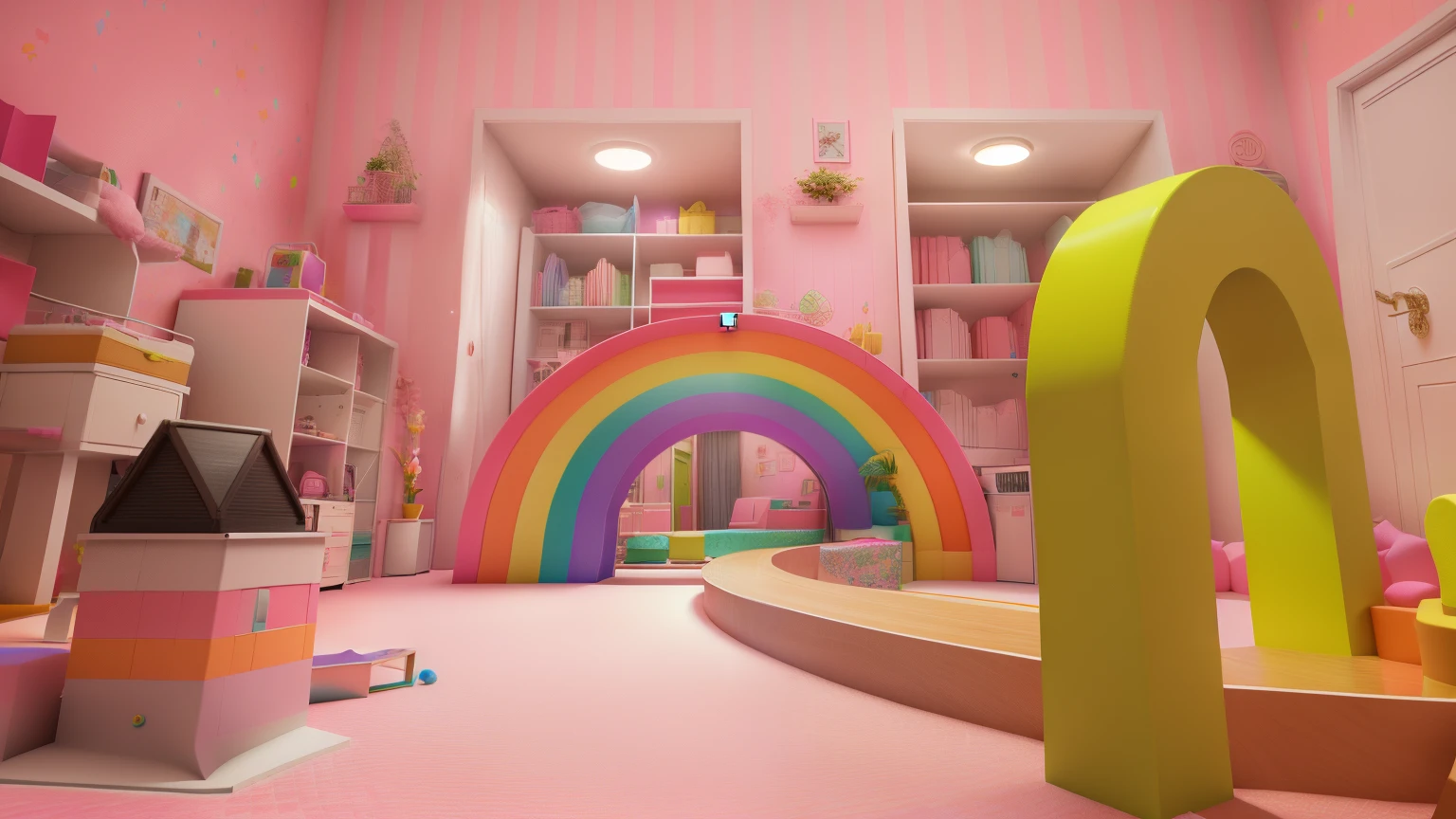 there is a room with a pink carpet and a rainbow painted on the wall, em uma casa estilo terra doce, kawaii hq render, brinquedoteca, Quarto Hospital Candy, Dentro de seu castelo VR surreal, Quarto da menina, bonito 3 d render, Parece realista, Fotografia da sala 3D do iOS, intricate rainbow environment, Captura de tela do jogo Life Simulator, volumetric rainbow lighting