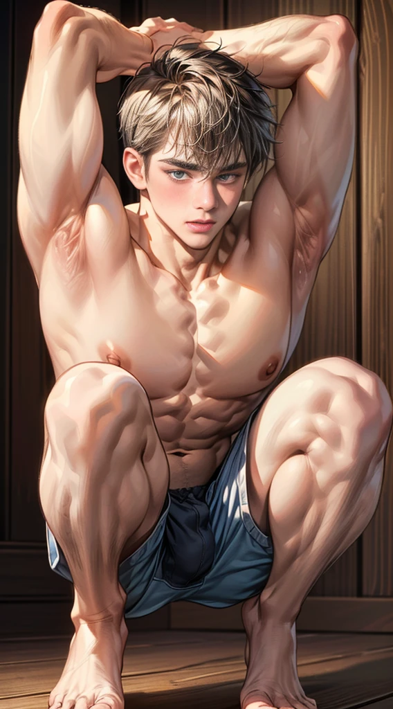 (masterpiece best quality 8k ultra-detailed:1.5) ultra realistic, solo male squatting, arms up behind, muscular handsome barefoot (((perfect face,perfect eyes))) ((topless)) (short hair) ((blush)), (((underwear, big bulge))), illustration realistic shade sharp, detailed beautiful face and eyes, perfect hands, tan skin shiny skin