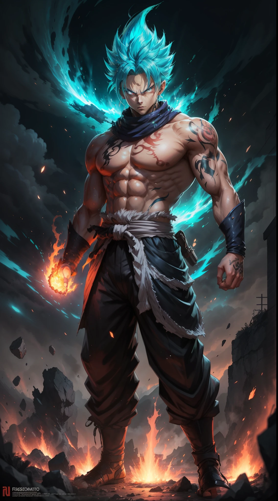 Get ready for a visual feast with the Gohan, glowing blue hair and tattoo, a being with a handsome face and piercing red eyes. In his transformed state, he radiates extreme instinct and power, making for an epic anime about this energy man. Watch as he controls fire and lava in stunning anime artwork that will leave you in awe. This concept art is straight out of the Bleach Universe, with a manga-style 8k wallpaper that will transport you to another dimension. Prepare to be amazed by this detailed digital anime art, showcasing the ultimate fusion of style and power.