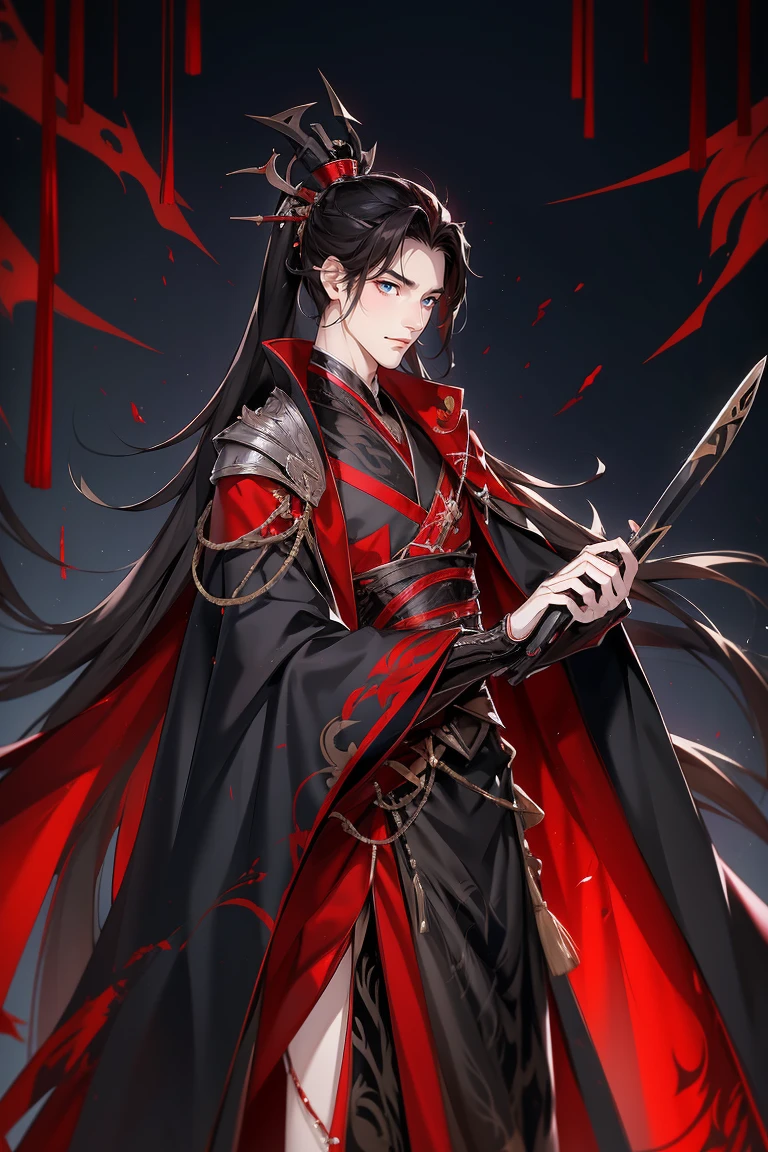 vampire man, Hanfu, Luxurious uniform black clothes，Shoulder blades，goth style（Shooting from front）hold your arm，cabelos preto e longos, red eyes，natta，asian architecture interior，Carved wooden windows，Pink gauze curtain，Best quality，16k,tmasterpiece，