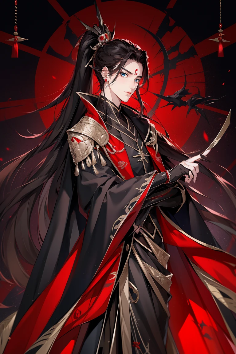 vampire man, Hanfu, Luxurious uniform black clothes，Shoulder blades，goth style（Shooting from front）hold your arm，cabelos preto e longos, red eyes，natta，asian architecture interior，Carved wooden windows，Pink gauze curtain，Best quality，16k,tmasterpiece，