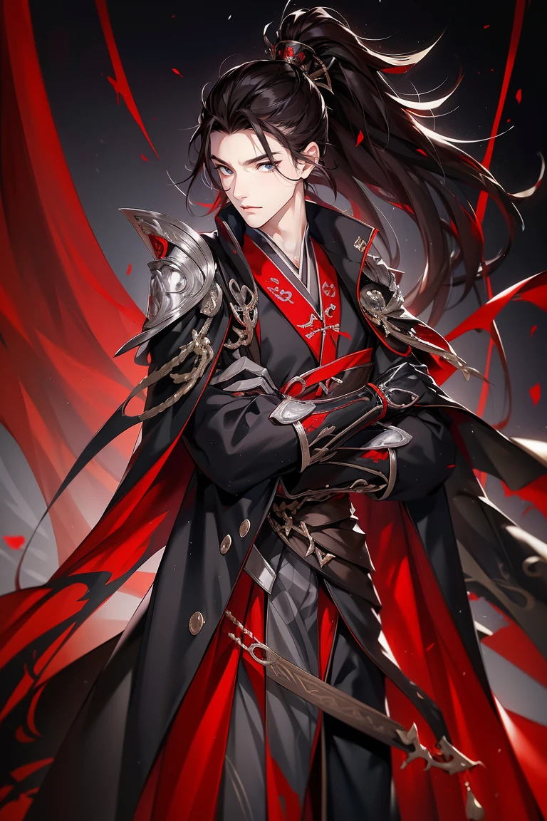 vampire man, Hanfu, Luxurious uniform black clothes,Shoulder blades,goth style(Shooting from front)hold your arm,cabelos preto e longos, red eyes,natta,asian architecture interior,Carved wooden windows,Pink gauze curtain,Best quality,16k,tmasterpiece,