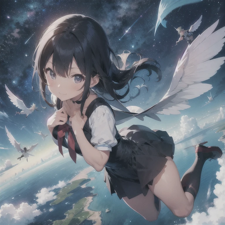 -yeld bey、fully body photo、masutepiece、full body Esbian、A smile、another world story、magia、fantasy worlds、flying though the air、World above the clouds、live above the clouds、Castle above the clouds、Wizard's attire、A girl with big wings on her back、(A girl with large symmetrical wings on her back)、(flying girl)、Sky garden、Empty garden、Castle in the Sky、Air Fortress、Laputa、(magical girl flies in the sky)、Castle in the Sky、Adulterous demons、Holding a weapon in both hands、Holding a sword in one hand、holding a magic stick in one hand、Fighting in the air、A woman holding an apartment in one hand