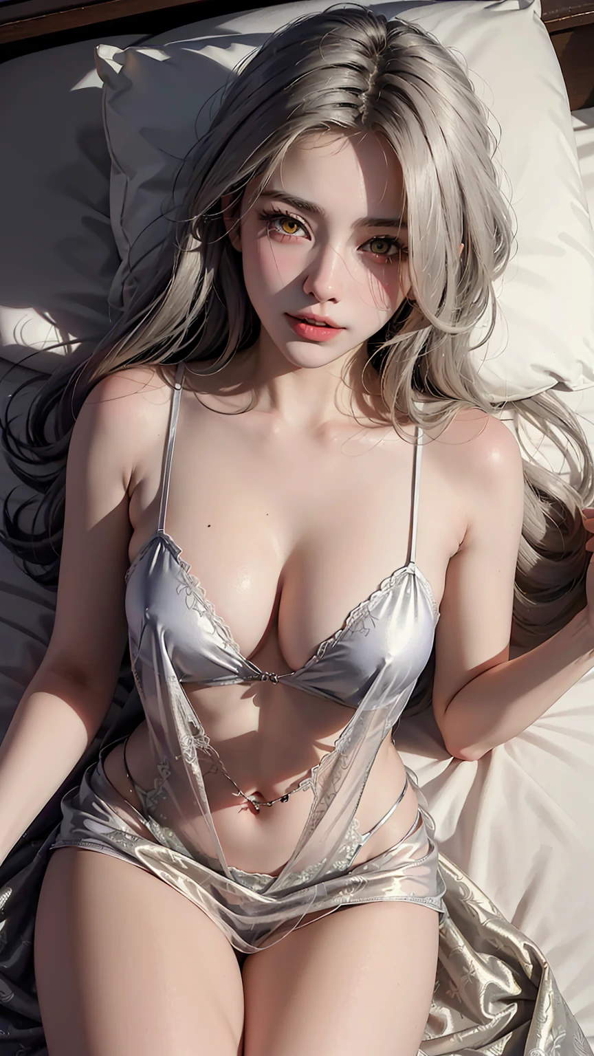 ((((masterpiece, best quality, high resolution)))), (1girl:1.5), ((long silky hair, silver hair, yellow eyes)), (average breasts:1.2), blush, (light smile, parted lips), glow, thighs, bare shoulders, collarbone, narrow waist, (slender body figure), cleavage, wide hips, (beautiful detailed face, beautiful detailed eyes), ((satin nightgown, thin material)), (lying flat on the bed:1.5), looking at viewer, nighttime, bedroom, ((cowboy shot))