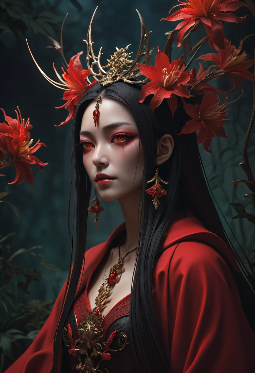 (Lycoris close-up:1.5)，Flower of the other shore is charming，Mysterious Manzhu Shahua，Bloody ghost flowers blooming at the gate of hell，Leading the soul to the afterlife，Evil charm，Flirtatious，Excellent，witch womloy iron flower，Alloy vines surround the magical girl,Magical girl has iron flowers on her head，heavy metal style，metal art，flower made of iron，iron leaf，Full metallic luster，Metal texture in the post-industrial era，Crafts made from twisted alloy wire，gold flowers，Iron flower，Silver flower，metal tree branch，a crystal pendant，Emerald inlay，well-built，Perfect craftsmanship，Magic lightning background，blue lightning，There are fairies，dark fantasy style art, dark flower shaman, dark fantasy concept art, bloodborne concept art, dark concept art, Bloody ghost flower, Diablo digital concept art, dark fantasy art style, Dark flowers, 🌺 Computer Graphics Association, bloodborne art, tmasterpiece，art  stations，ultra-realistic realism，plant witch，Vine Queen，Witch of Thorns，photorealistic dark concept art, Concept film, Reuven Tan，Painting of a woman in red robe standing in front of the devil, goddess of death, author：heroes, beautiful male god of death, beautiful elegant demon queen, dark fantasy style art, portrait of death, onmyoji detailed art, Persephone as the goddess of death, beautiful necromancer, Ominous fantasy illustration