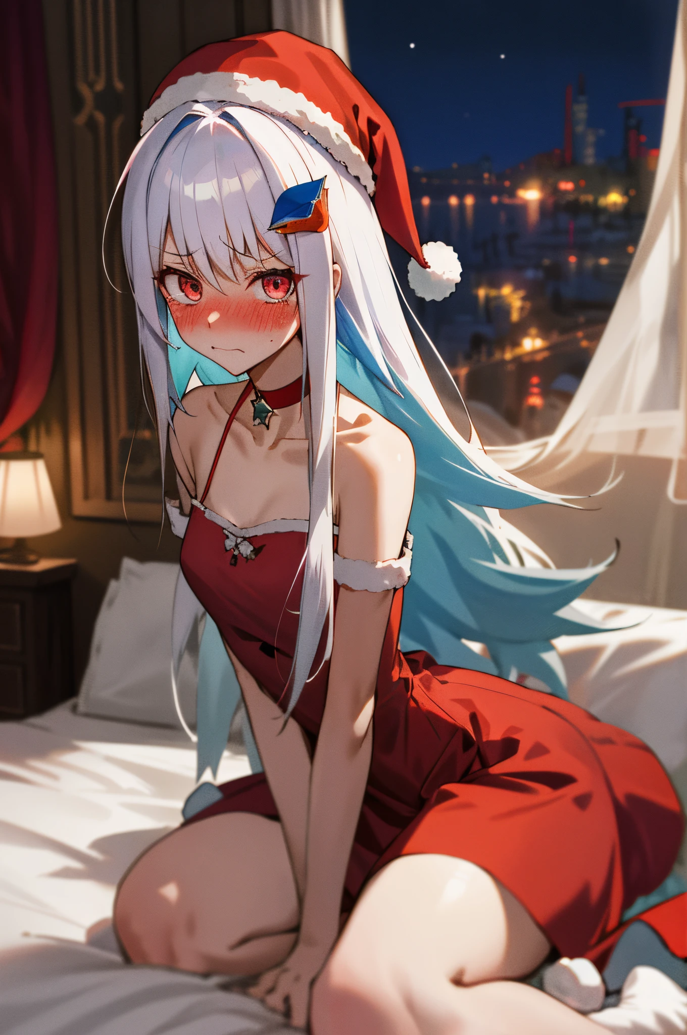 One girl with long hair, white hair, blue inner hair, looking at viewer, embarrassed, blushing, tears, indoor , bedroom, bare shoulder, santa dress, red dress, santa hat, slim, dizzy, choker, mid-chest, wide hips, perfect waist, spread legs, night atmosphere, hair ornament, sitting, kneeling pose, (embarrassed:1.2)