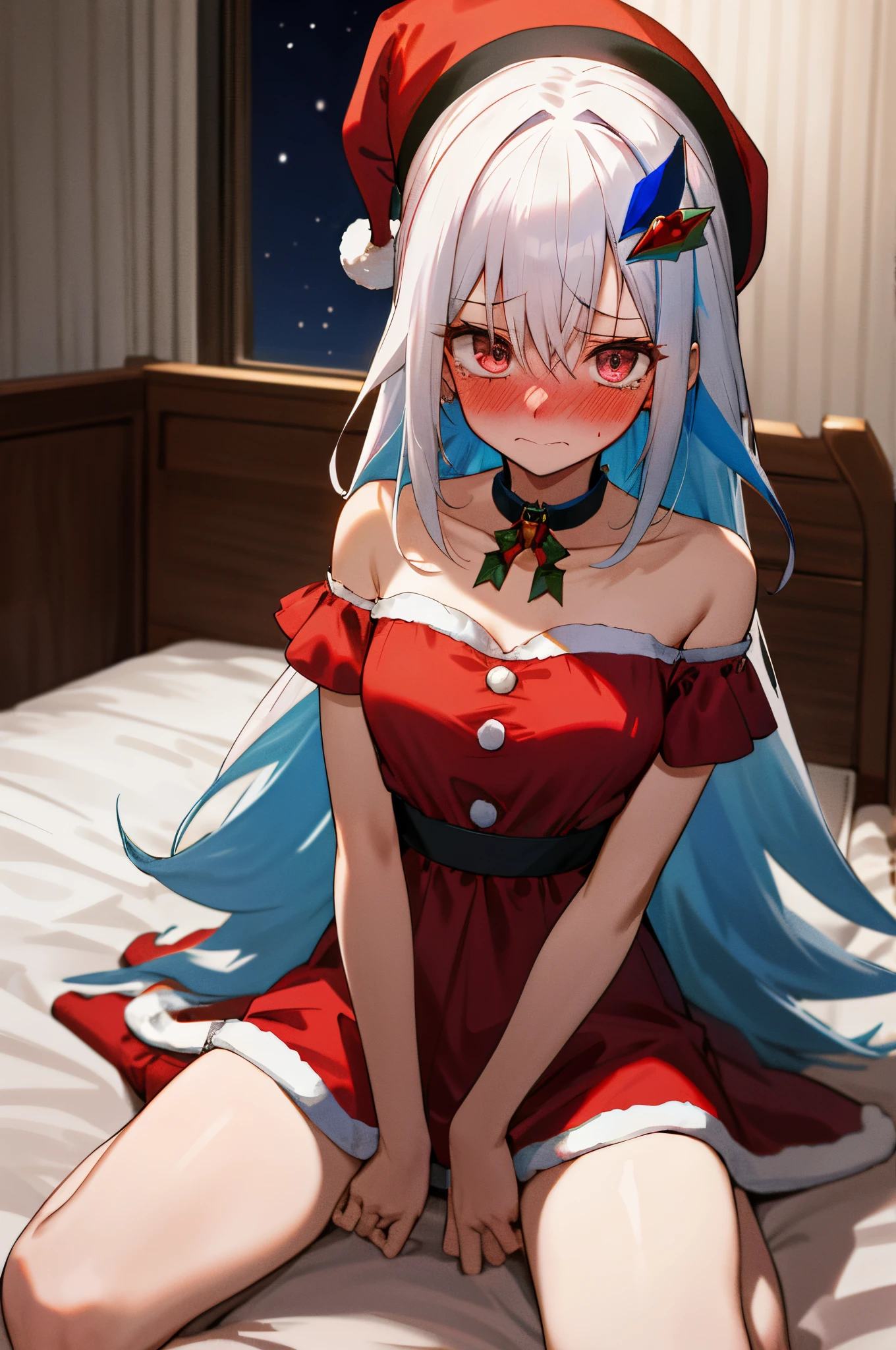 One girl with long hair, white hair, blue inner hair, looking at viewer, embarrassed, blushing, tears, indoor , bedroom, bare shoulder, santa dress, red dress, santa hat, slim, dizzy, choker, mid-chest, wide hips, perfect waist, spread legs, night atmosphere, hair ornament, sitting, kneeling pose, (embarrassed:1.2)