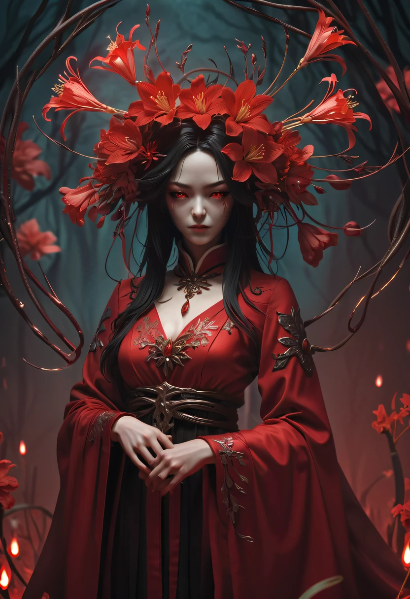 (Lycoris close-up:1.5)，Flower of the other shore is charming，Mysterious Manzhu Shahua，Bloody ghost flowers blooming at the gate of hell，Leading the soul to the afterlife，Evil charm，Flirtatious，Excellent，witch womloy iron flower，Alloy vines surround the magical girl,Magical girl has iron flowers on her head，heavy metal style，metal art，flower made of iron，iron leaf，Full metallic luster，Metal texture in the post-industrial era，Crafts made from twisted alloy wire，gold flowers，Iron flower，Silver flower，metal tree branch，a crystal pendant，Emerald inlay，Carefully crafted，Perfect craftsmanship，Magic lightning background，blue lightning，There are fairies，dark fantasy style art, dark flower shaman, dark fantasy concept art, bloodborne concept art, dark concept art, Bloody ghost flower, Diablo digital concept art, dark fantasy art style, Dark flowers, 🌺 Computer Graphics Association, bloodborne art, tmasterpiece，art  stations，ultra-realistic realism，plant witch，Vine Queen，Witch of Thorns，photorealistic dark concept art, Concept film, Reuven Tan，Painting of a woman in red robe standing in front of the devil, goddess of death, author：heroes, beautiful male god of death, beautiful elegant demon queen, dark fantasy style art, portrait of death, onmyoji detailed art, Persephone as the goddess of death, beautiful necromancer, Ominous fantasy illustration