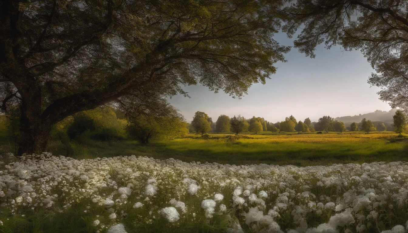 In the setting sun,Contre-Jour,A sea of white flowers everywhere,There is a path in the sea of flowers,Quiet,The flowers are very tall,detail-rich,High Picture Quality,photorealestic