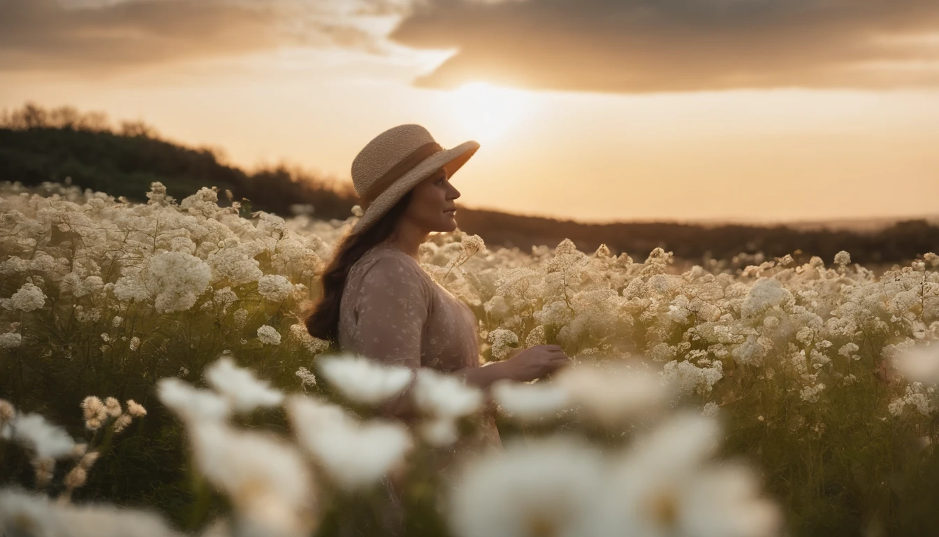 In the setting sun,Contre-Jour,A sea of white flowers everywhere,There is a path in the sea of flowers,Quiet,The flowers are very tall,detail-rich,High Picture Quality,photorealestic