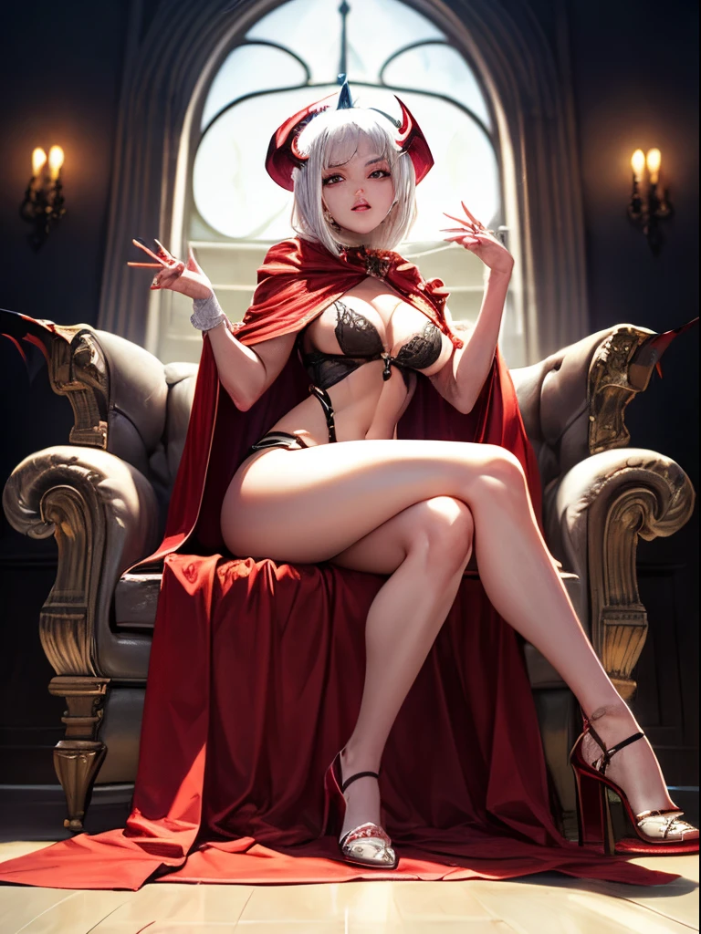 attention to adjust the proportions, beautiful face, beautiful face, perfect face. fullbody, girl, sexy, vampire, short white hair, malefic, red cape, evil, in hell
