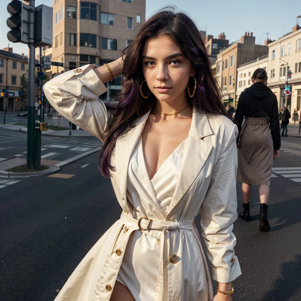 (one girl), Hanna, a 21 year old girl, 1.70 meters tall, weighs 49 kg, has very long and straight dark purple hair, has big green eyes, wears gold earrings and bracelets, always has a smartwatch on the wrist, with an evening dress and white coat, while crossing an intersection on a pedestrian crossing alone, ultra realistic style, (seed 3978045937)