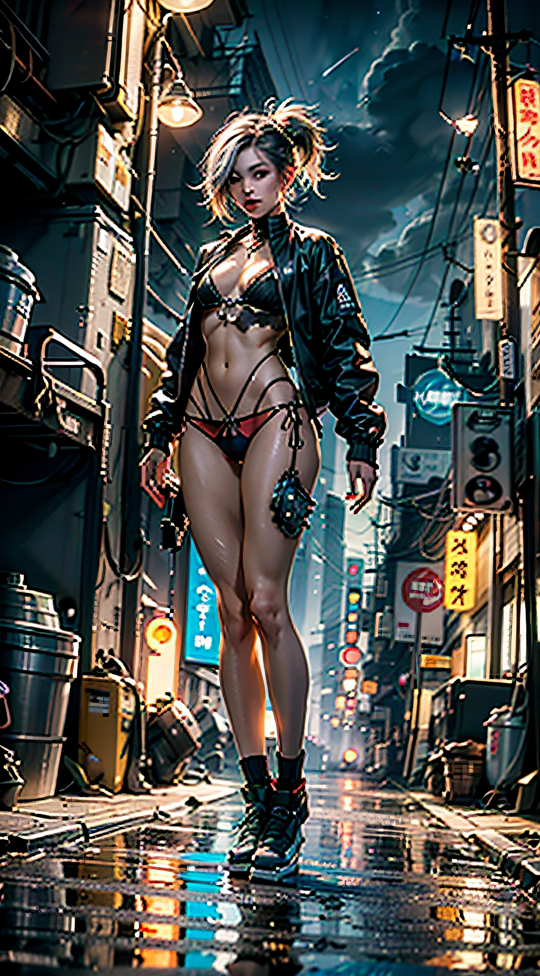 ((Chica cyberpunk vistiendo (colorful Harajuku technical jacket))), ((mechenical arms,Mechanical Legs)),((Warframe)), Liquid Metal Girl,(morado_ojos:1.3),eyes symmetrical,ojos grandes:1.5,Detalles ojos,(cintura estrecha,cadera ancha, Cuerpo detallado,(Cara detallada)),((Pelo salvaje y sin forma)),(senos grandes:1.4),
(Lindo,guarra,seductor,erotic,(NSFW)),
,((corte alto del muslo:1.5, muslos desnudos:1)),((Mechanic's thong:1.5)),((Luces LED:1.2)),((Machine-made joints: 1.4)), ((mechanical limbs:1.2)),((mechenical parts:1.4)),(mechanization:1.2, futuro),(Alambres y cables unidos a la cabeza y al cuerpo: 1.5),(Mostrar piel:1.3)
((ropa mojada,Traje intrincado,Ropa intrincada)),
(dynamic pose:1.4),Enfoque en solitario,(centrado,Escala para ajustarse a las dimensiones,Regla de los tercios),Cyberpunk city by the ocean at night, with bright neon signs and dark storm clouds and puddles, paisaje:1.25, ((cinematic lighting)).