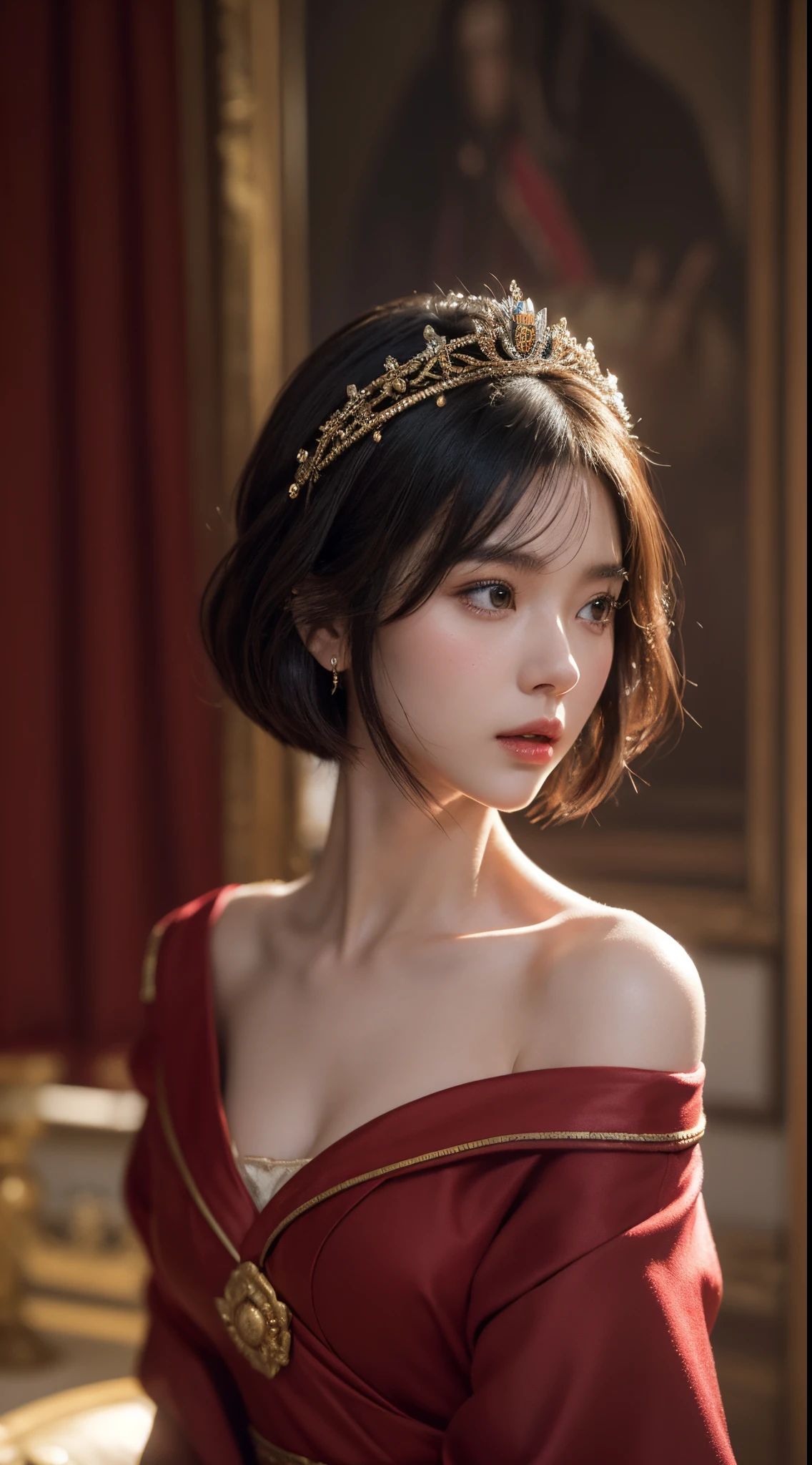 iu1, serious appearance, bob cut hairstyle, model shooting style, (highly detailed unity 8k CG wallpaper), full body shot of the world's most beautiful work of art, medieval queen's clothes, red coat, magnificent professional oil painting by Ed Blinkey, Atey Ghailan, Studio Ghibli , by Jeremy Mann, Greg Manchess, Antonio Moro, trending on ArtStation, trending on CGSociety, Intricate, High Detail, Sharp focus, dramatic, photorealistic art painting by midjourney and greg rutkowski, beautify the face, palace background, queen's throne,