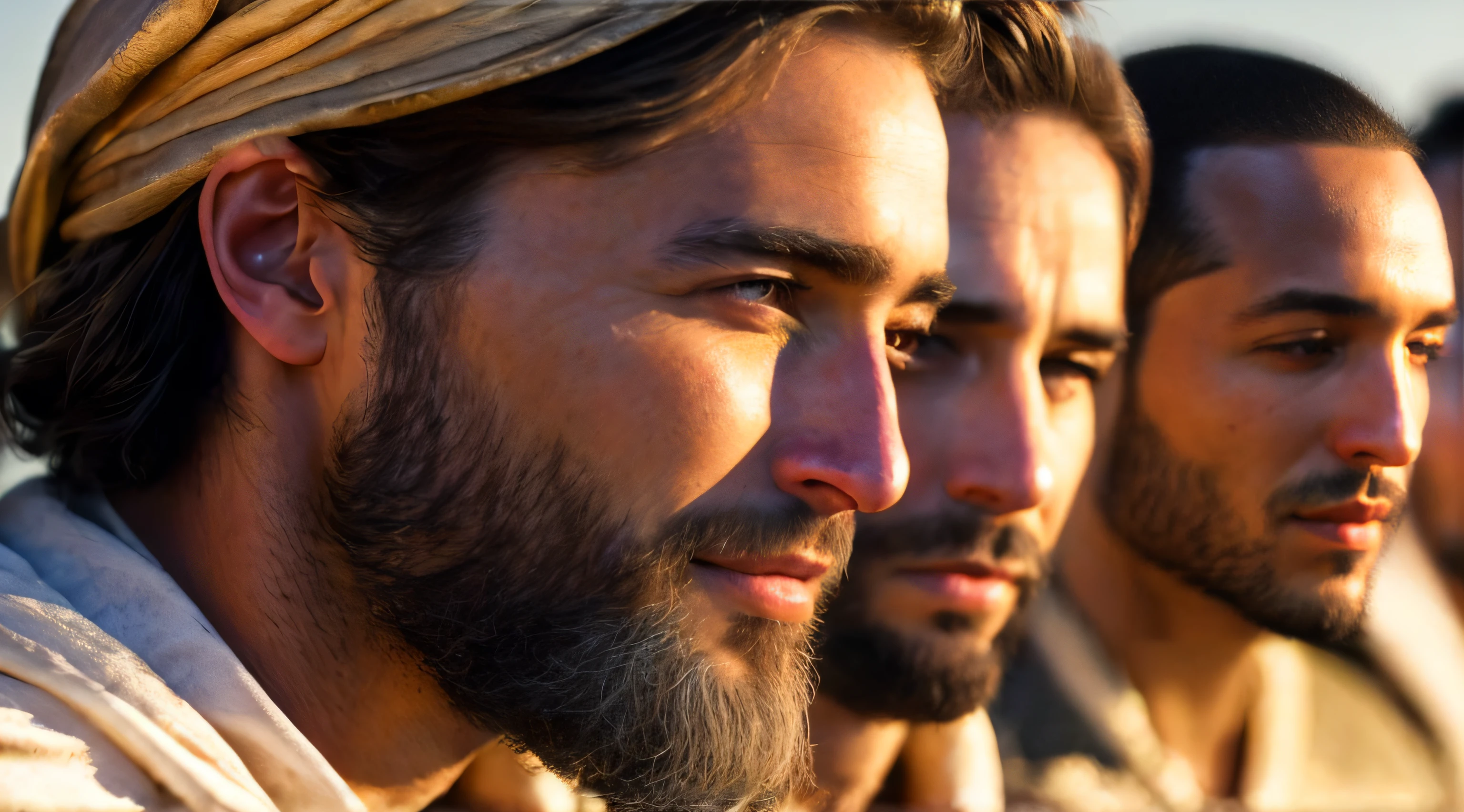 Ancient Israel、Biblical times、1st century、a closeup、(((The disciples listen to the short-haired Christ)))、8K、Raw photography、top-quality、masterpiece:1.5、ultra-lightweighthigh-resolution、Photorealsitic:1.5、ciinematic light、soft volumetric lighting:1.5、realisitic、Photorealsitic:1、Detailed skin、profetional lighting、a picture、foco nítido、detaileds、profetional lighting、photon maping、detailed and intricate environment、ighly detailed、top-quality、Artistic photography、photorrealistic concept art、soft natural volumetric cinematic perfect light、Midjourney、Detailed hand、