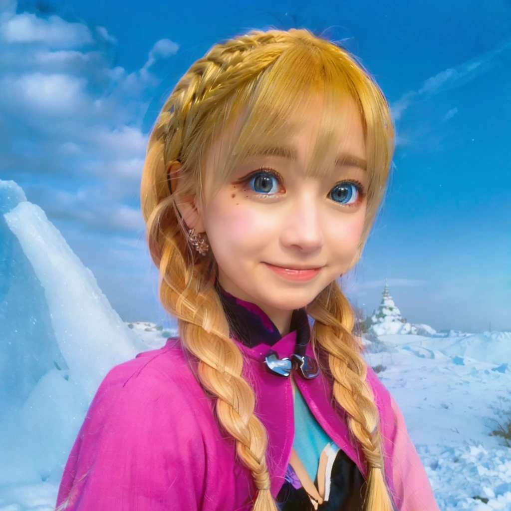 my hair is blonde,Blue eyes,pink color clothes,A smile,eyeshadow is light pink,The background is a snowy mountain,Cheeks are pale pink,a picture,in 8K,top-quality,highest details,lips are thin,bangs are blonde,Hair braids
