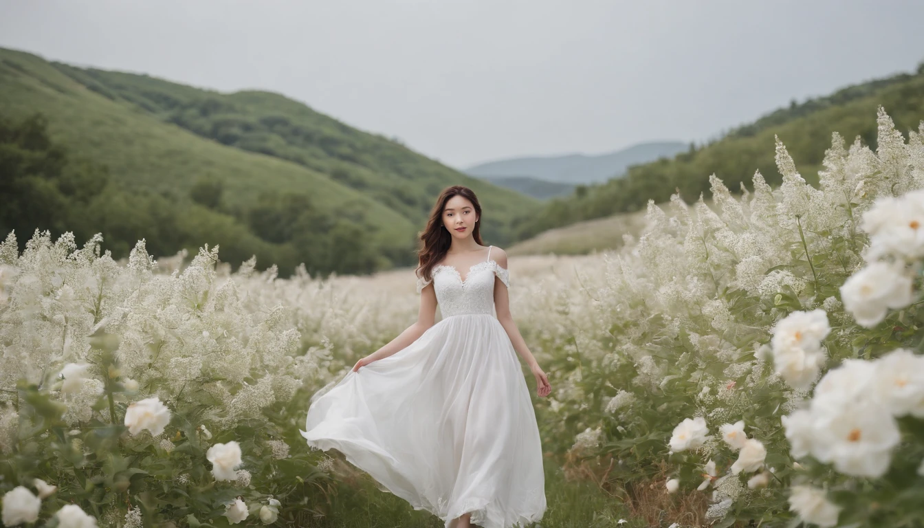 A woman in a white dress stands in a flower field, beautiful Korean women, beautiful young korean woman, standing in flower field, There are flowers, Girl in the flowers, gorgeous young korean woman, standing in flower field, jinyoung shin, girl standing in flower field, The aesthetic field of flowers, with frozen flowers around her, girl frontal lobe in flower field